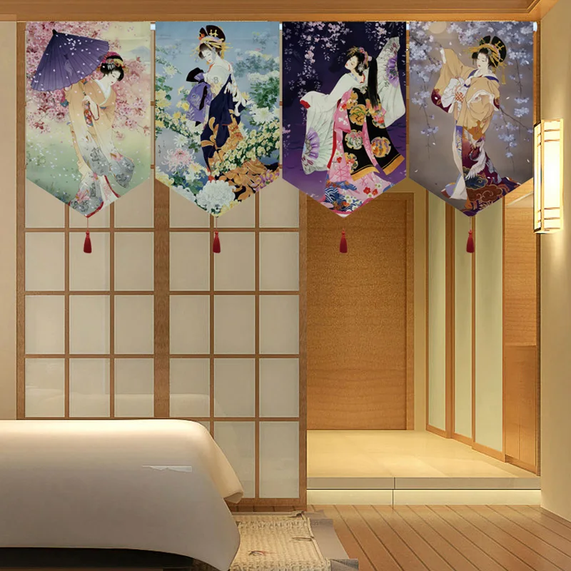 Japanese Style Kimono Geisha Pattern Short Curtain Ukiyoe Style Kitchen Partition Pennant Sushi Restaurant Hanging Half Curtain