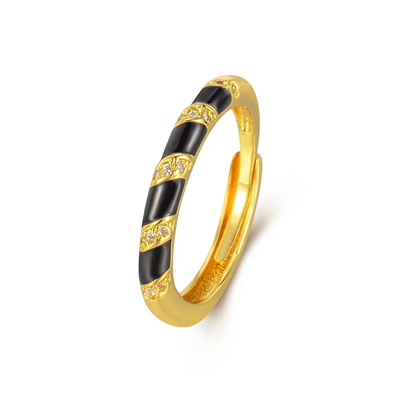 Gold-plated Black Enamel Layered Ring - Stripes of Pave-set Zirconia Adjustable Couple Accessory Wedding Jewelry Opening Design