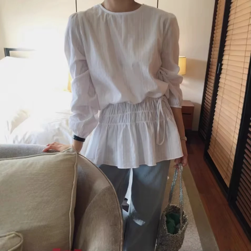 2026 Early Spring New Products Wear Round Neck Lace-up Waist Ruffle Thin Shirt Women