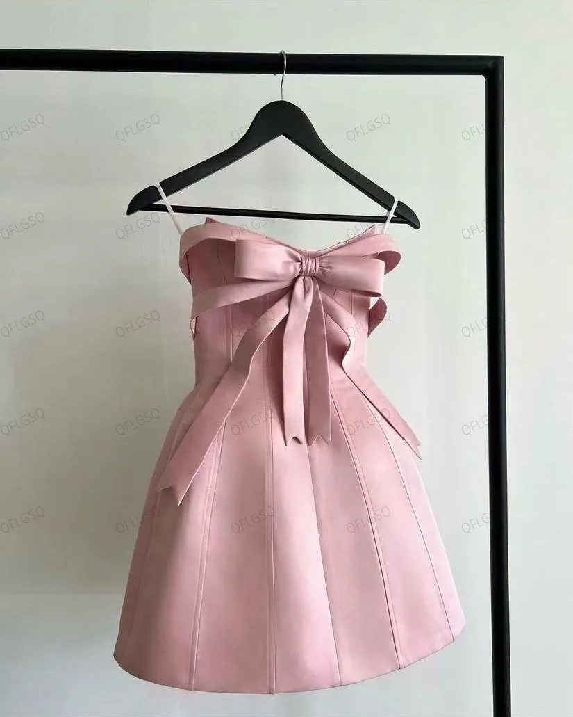 New Couture Women Dresses To Birthday Party White Strapless Off Shoulder Bow Mini Dress A line Girls Dress Short Sweetheart