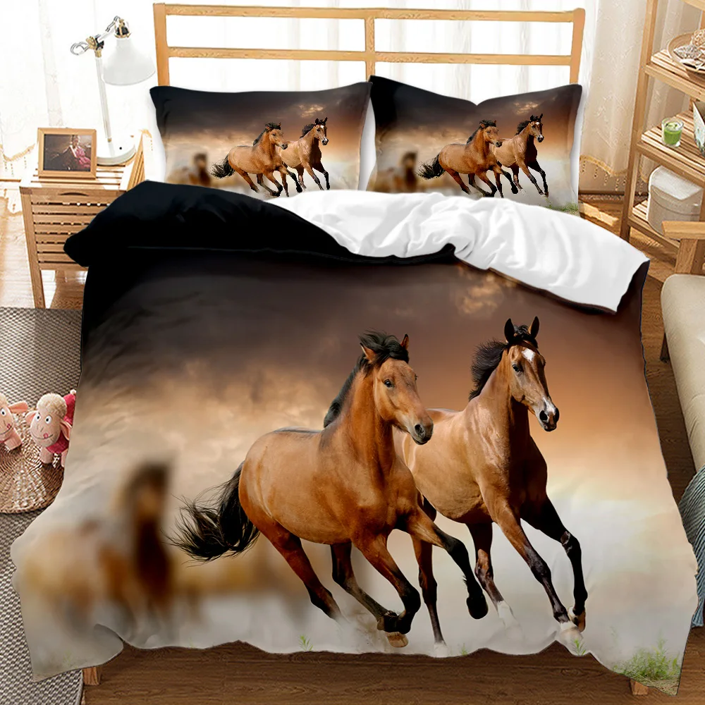 Horse Bedding Set Queen Size,Pony Decorative 2/3pcs Bedding Set Horse Freedom Runs Gallop Farm Print Soft Polyester Duvet Cover