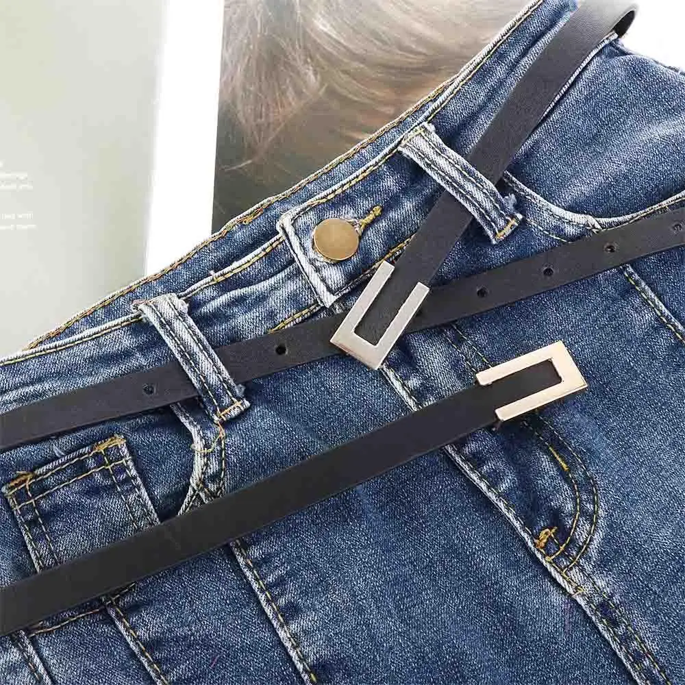 

Simple Korean Waist Strap Vintage Trouser Dress Decoration Metal Buckle Leather Belt Thin Waistband