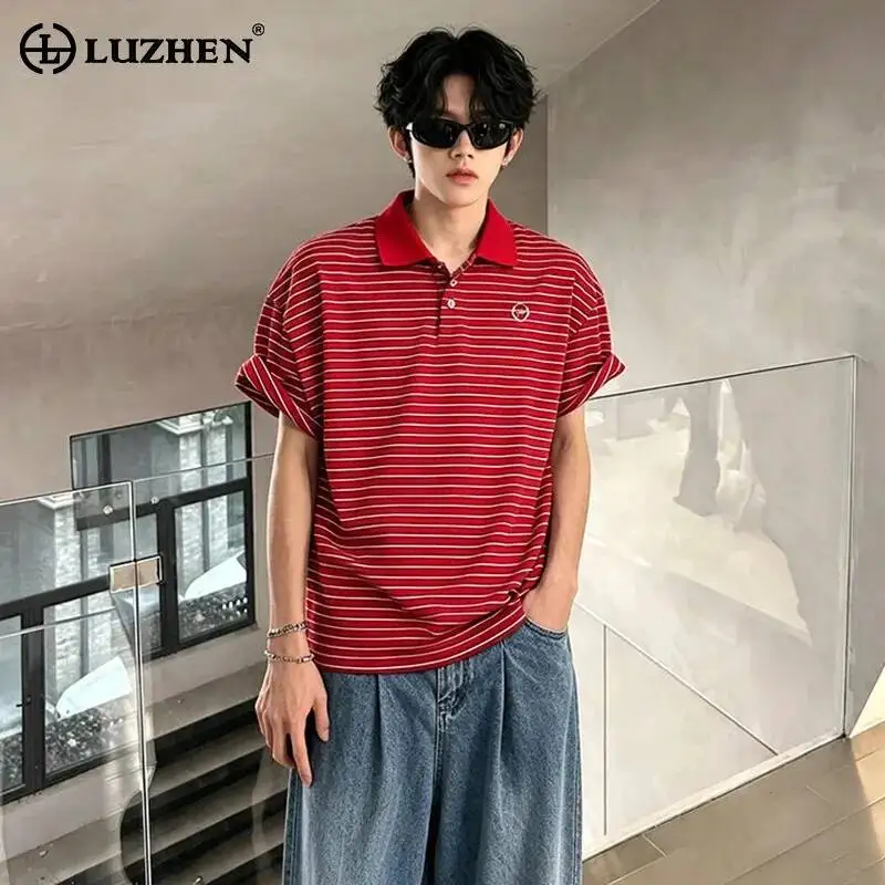 LUZHEN 2026 Summer Stripe Printed Embroidery Logo Polo Neck Short Sleeve T-shirts Men's Fashion Korean Casual Male Tops JY7778
