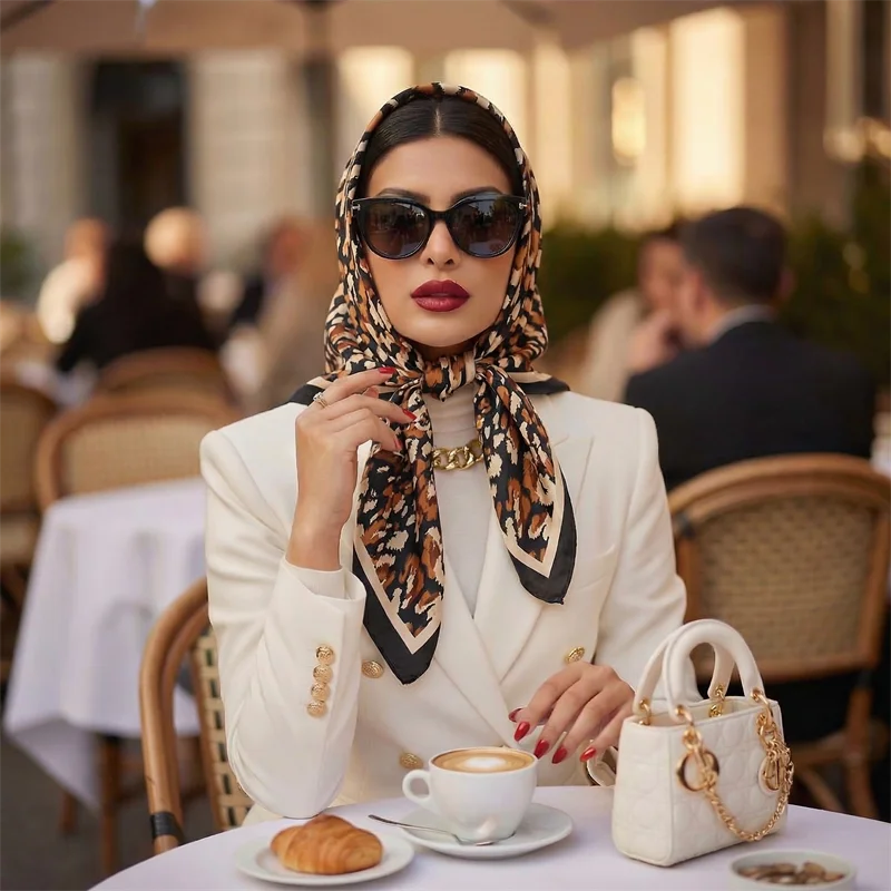 New 90cm Fashion Leopard Print Silk Hairbands Scarf Women Elagant Bandana Neck Kerchief Head Bands Foulard Female Scarfs image 5