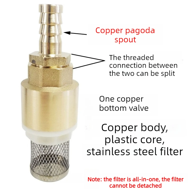 Copper Tower Bottom Valve with Filter Screen Check Valve, Self-priming Pump Inlet Anti Backflow Spring Insertion Pipe Filter