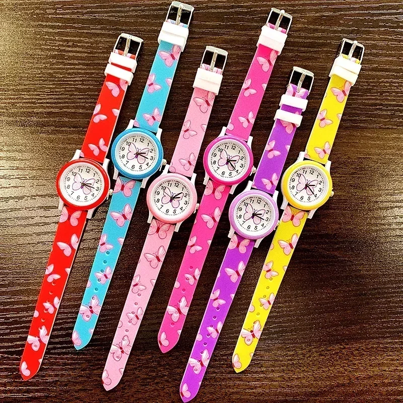Lovely Girls Watches Butterfly Printing Silicone Candy Jelly Quartz Wristwatches for Children Girls Students Party Gifts Clock