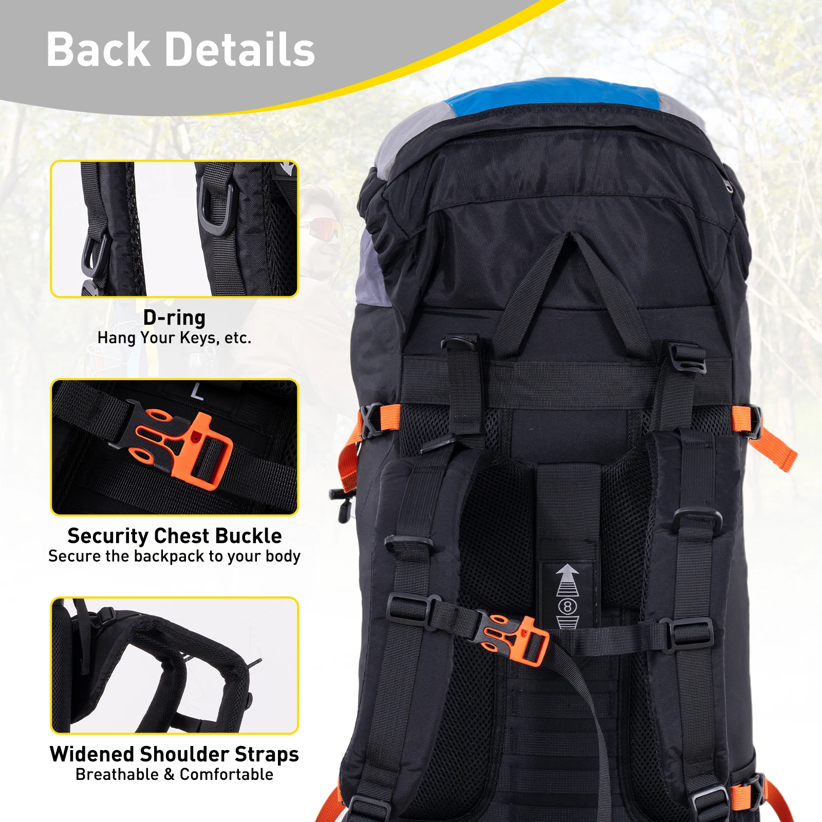 CITYSPORTS PRO Wanderrucksack, Faltbarer Reiserucksack, Trekkingrucksack, 60L (55 + 5), Outdoor-Sport-Reise-Tagesrucksack mit Regenschutz – Detail 8