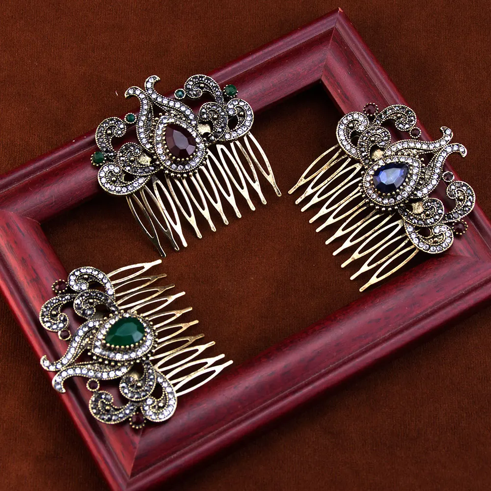 Sunspicems Retro Vintage Bohemia Turkish Women Hair Comb Jewelry Antique Gold Color Crystal Arabic Banquet Bijoux