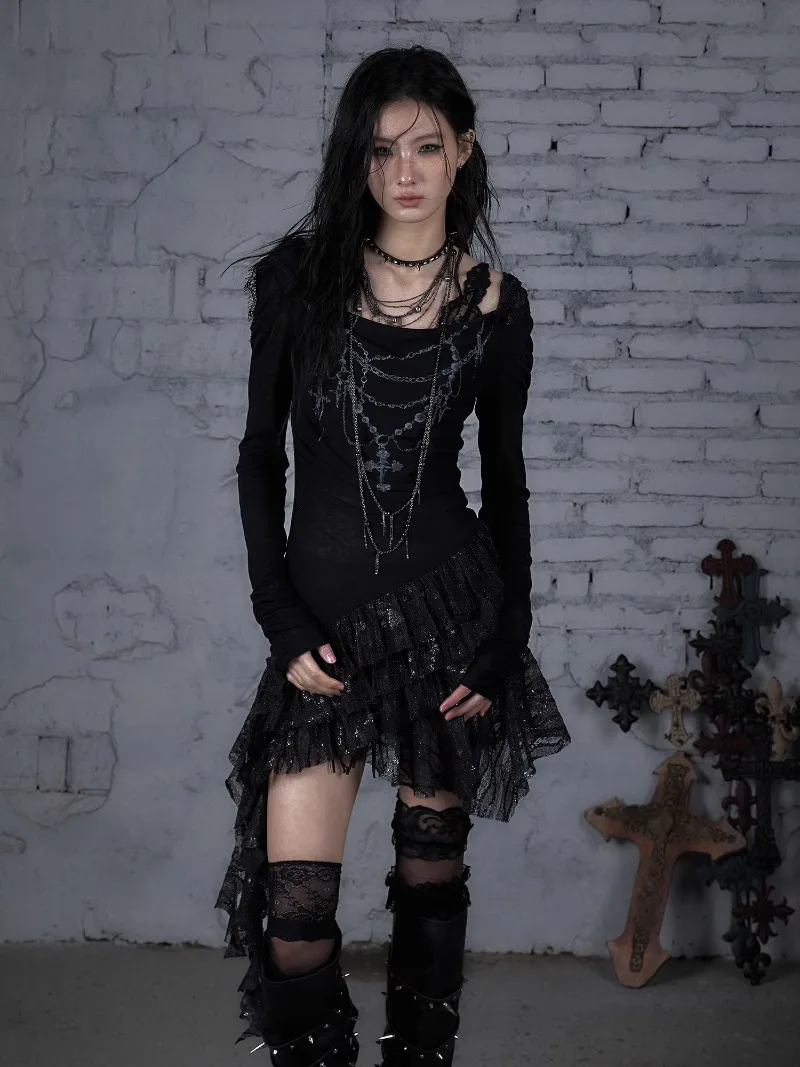 Dream Pure Punk Versatile Print Semi-transparent Lace Knitted Long Sleeved Hooded Dress Women's Clothes Black Slimming Vestidos