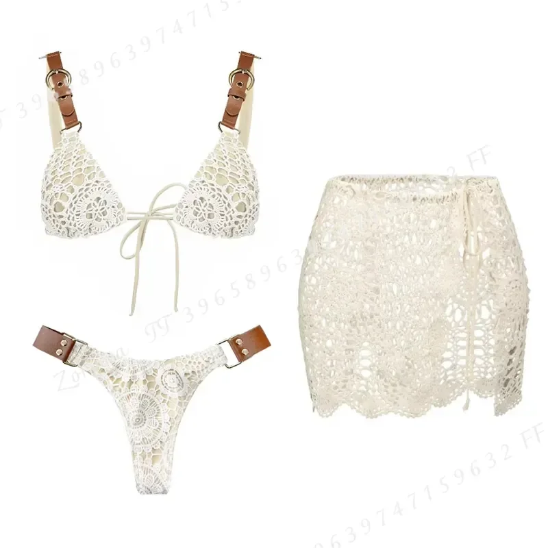 White Crochet 3 Piece Bikini Set Women Sexy Push Up Swimsuit Brazilian Micro Biquini With Beach Skirt Bathing Suit Swimwear