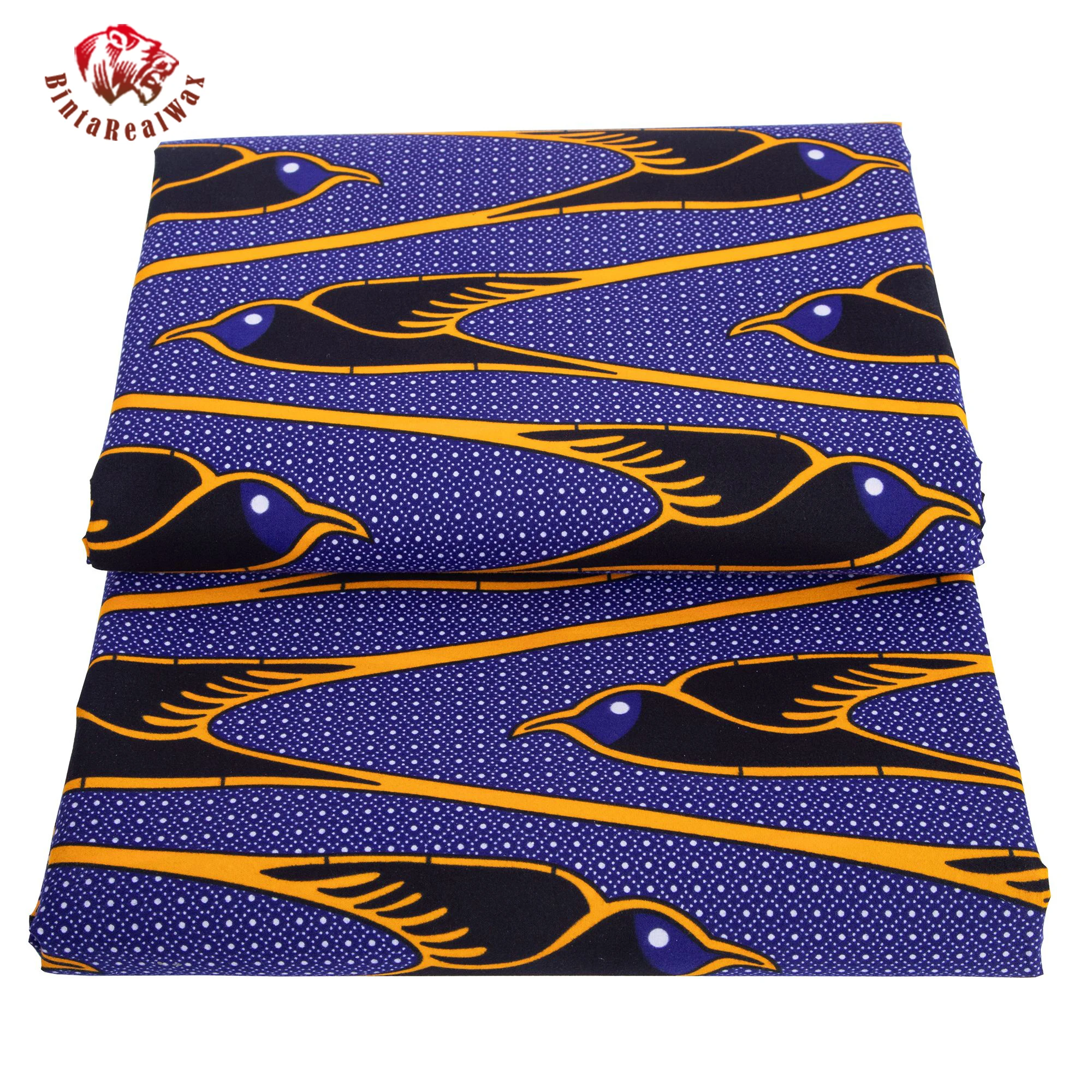 African Wax Print Fabric, Blue Background with Yellow & Black Bird Pattern, 100% Polyester Ankara Fabric for Dress, Skirt FP6705 view 5