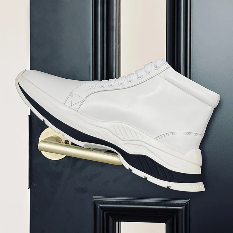 Minimalist White Leather High Top Sneakers Chunky Platform Street Ankle Shoes Lightweight Casual Walking Footwear for Men