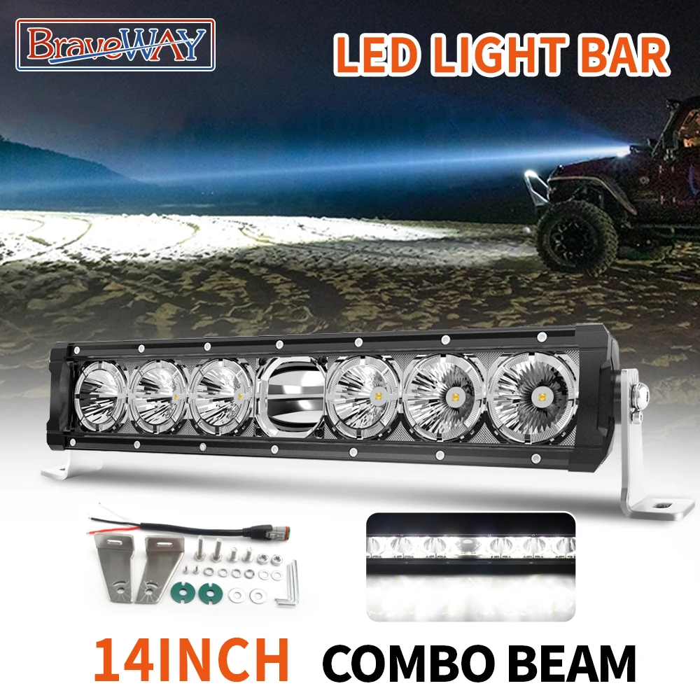 BraveWAY 14inch LED Off-Road Light Bar 12V/24V LED Light Strip Combo Beam 6500K White for Tractor Boat Off-Road 4x4 offroad use