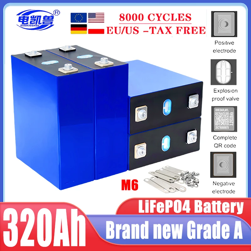 320Ah 3.2V new 8000 cycle LiFePO4 rechargeable battery, suitable for DIY 12V 24V 48V caravan marine solar energy system no tax