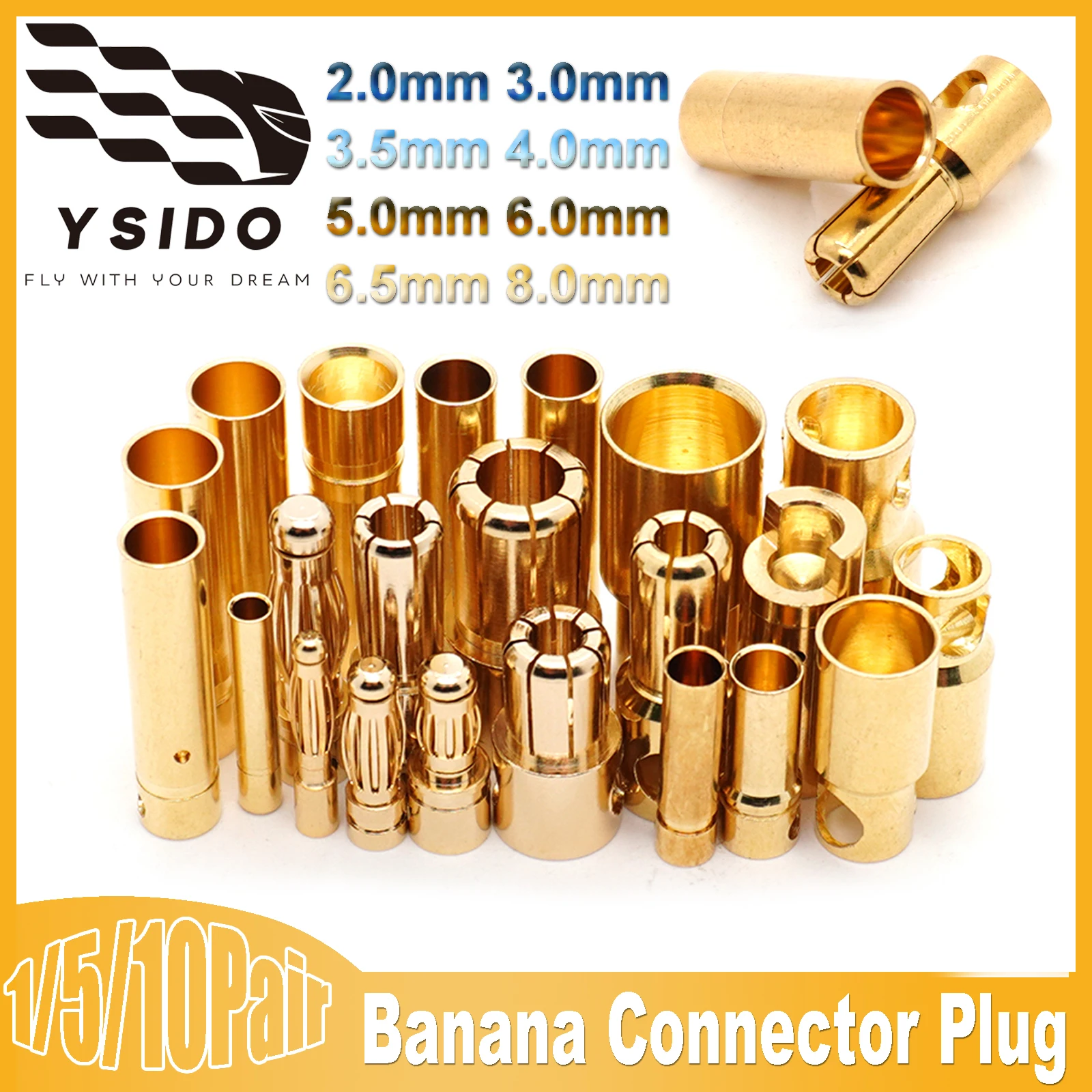 

YSIDO 2.0mm 3.0mm 3.5mm 4.0mm 5.0mm 6.0mm 6.5mm 8.0mm Male Female Banana Connector Plug for RC Battery ESC Motor Upgrade Parts
