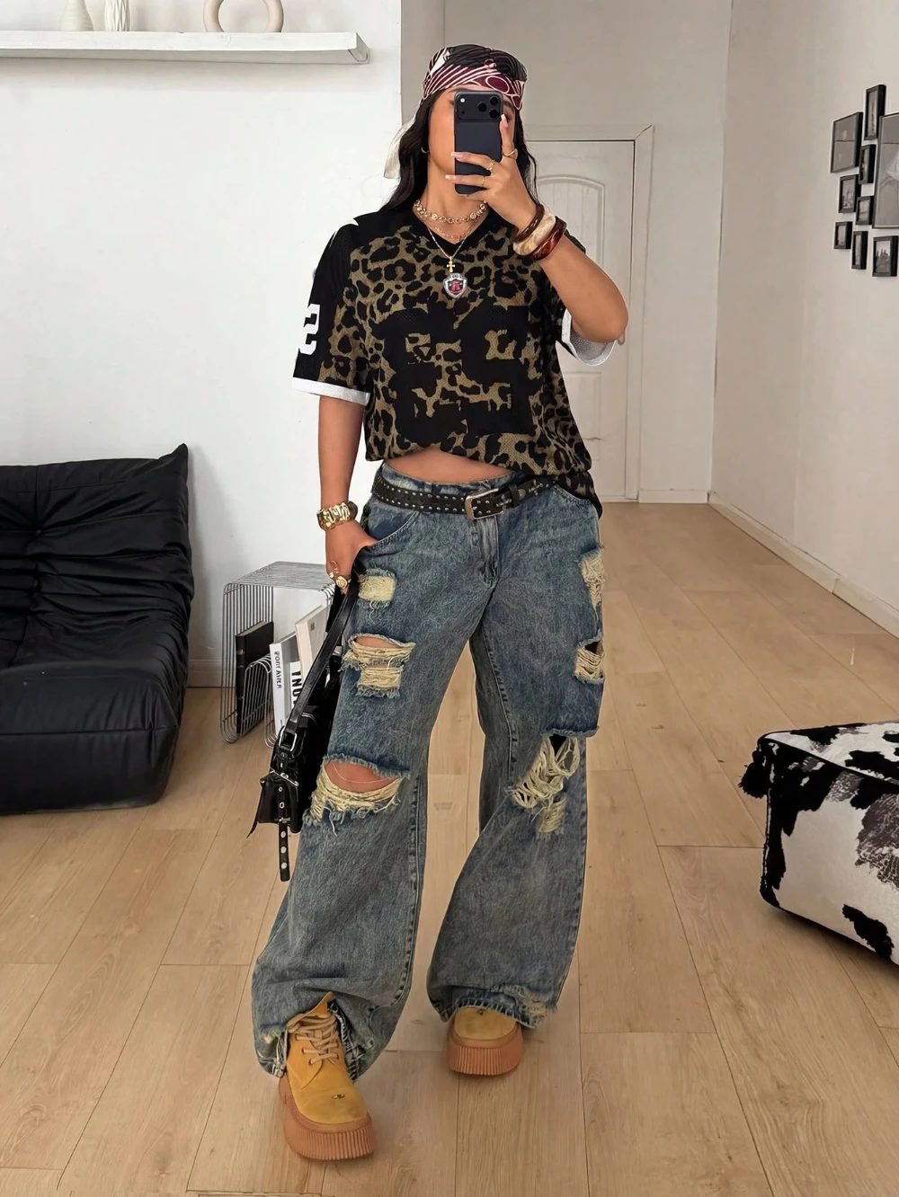 Neues Damen-Oberteil mit No.23-Buchstaben-Print, Y2K-Mode, Sommer, Oversize, Streetwear, atmungsaktives Mesh, Grafik, bequem, Sport, Leopardenmuster ﻿ – Detail 6