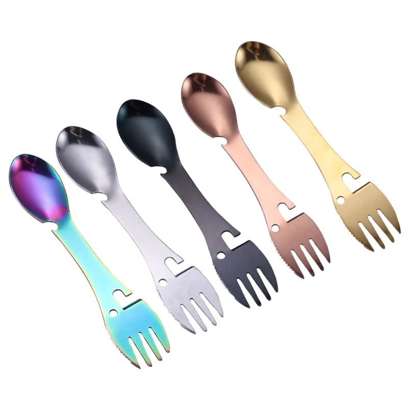 

4 Pieces Camping Survival Practical Fork Knife Spoon Bottle Can Opener Gift Easy to Use and Clean Kitchen Household