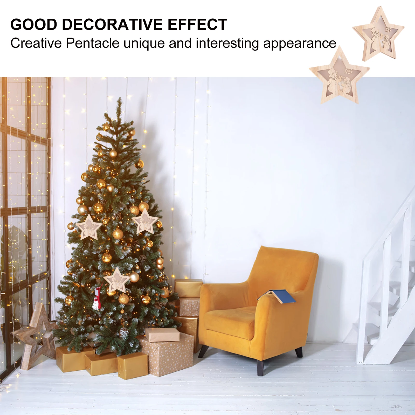 

2pcs Wooden Star Light Pendant Christmas Decorations Lamp Craft Ornament Five-Pointed Star Lighting Deer Snowflake Pattern
