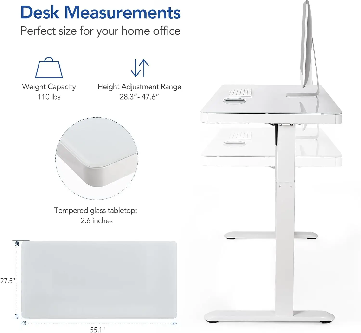 Standing desk with drawers, electric height adjustable home desk with storage and USB ports, 55 "white wood top