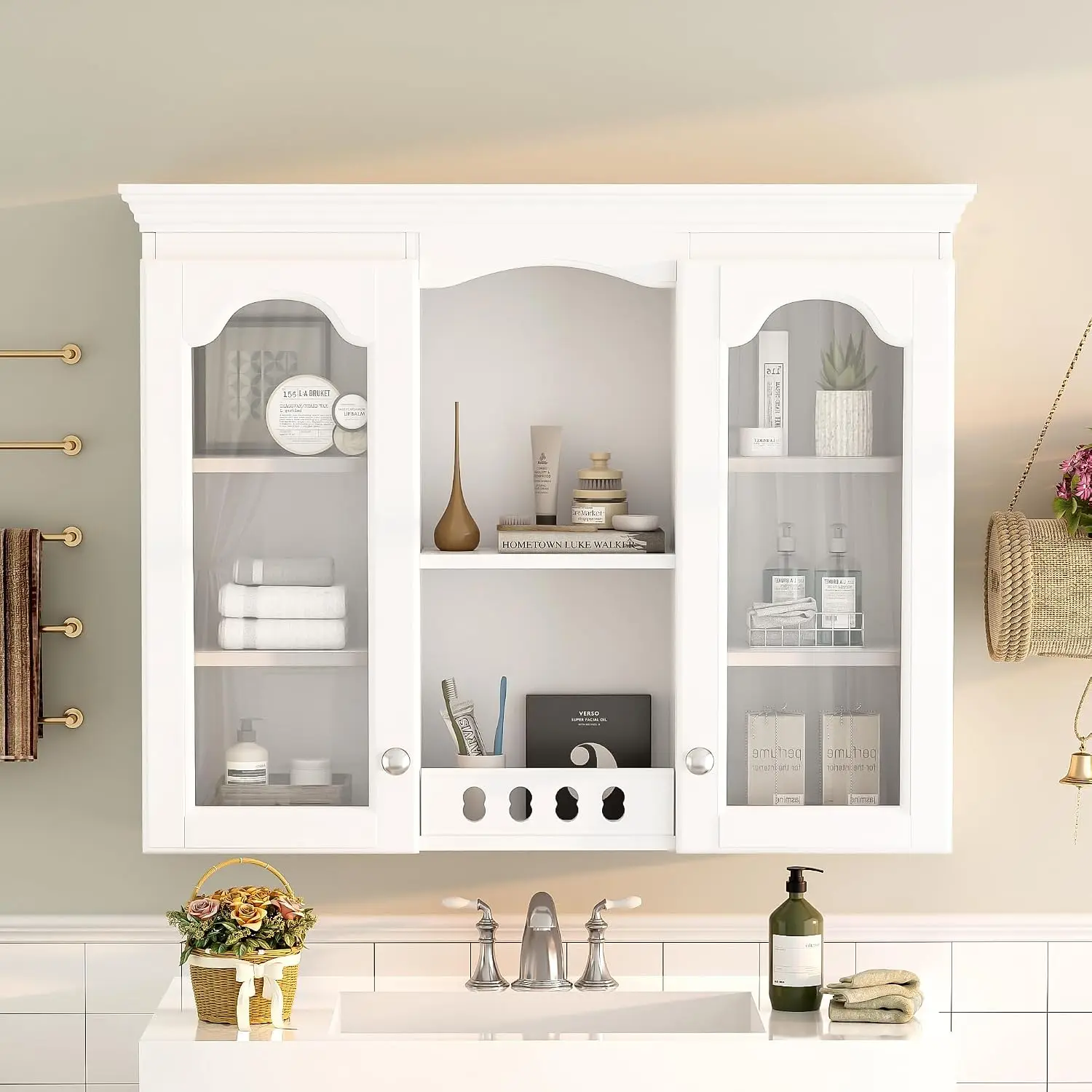 Wall Mount Bathroom Storage Cabinet with Glass Doors & Open Shelves, Over Toilet Medicine Cabinet, 36