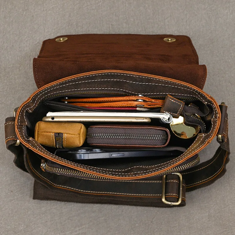 Men's Vintage Crazy Horse Leather Portable Crossbody Shoulder Bag Sale Trendy Minimalist Top Grain Cowhide Casual Everyday Purse