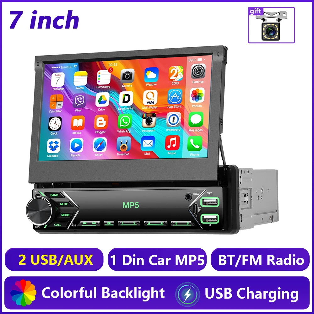 Hikity 7 inch 1Din intrekbare MP5-speler touchscreen spiegelverbinding autoradio BT USB FM-radio universele auto smart multimedia