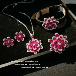 Women's New Fashion Jewelry Sterling 925 Silver Delicate Red Zircon Flower Pendant Necklace Earrings Ring Bracelet Set for Women