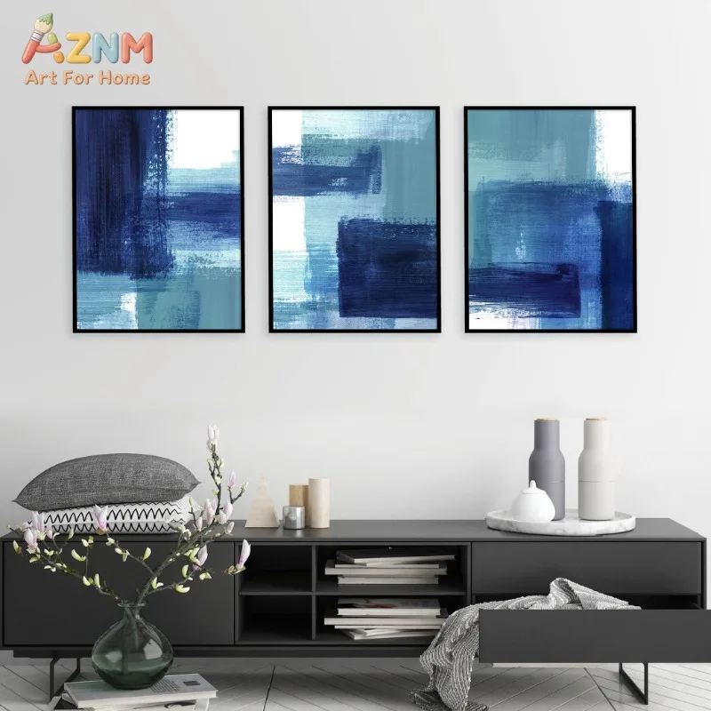 AZNM Navy Blue Teal Brush Stroke Abstract Canvas Wall Art Modern Textured Geometric Block Painting Unframed Canvas Print Minimal