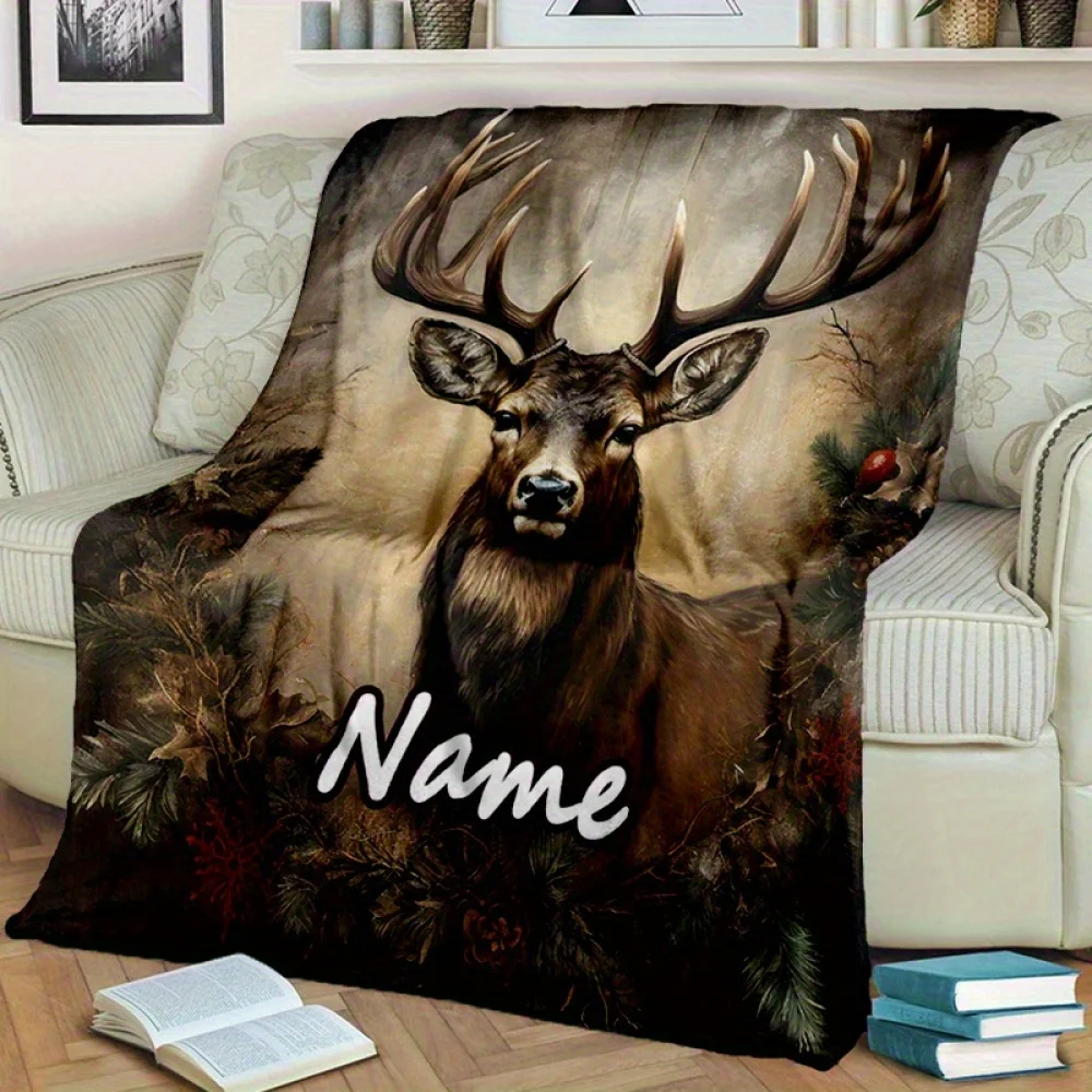 1pc Personalized Deer Theme Flannel Blankets Custom Name Digital Print Soft Warm All Season Blanket Christmas Birthday Gift