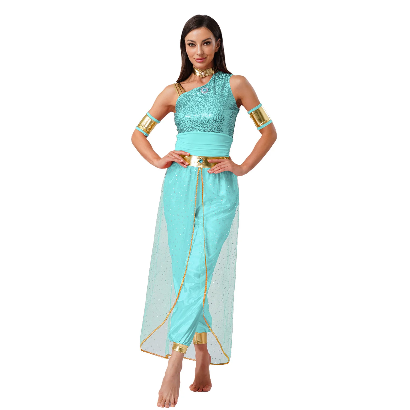 

Womens Indian Arabian Princess Jasmines Cosplay Costume Halloween Party Belly Dance Jumpsuit Shiny Sequin Tulle Overlay Bodysuit