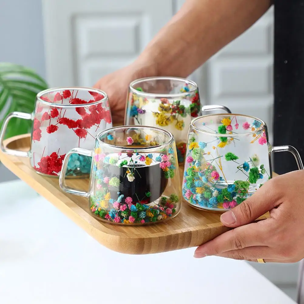 

200ML Double Walled Glass Cups with Real Dried Flowers Heat Resistant Clear Coffee Mugs Floral Tea Cups Kitchen Accessories