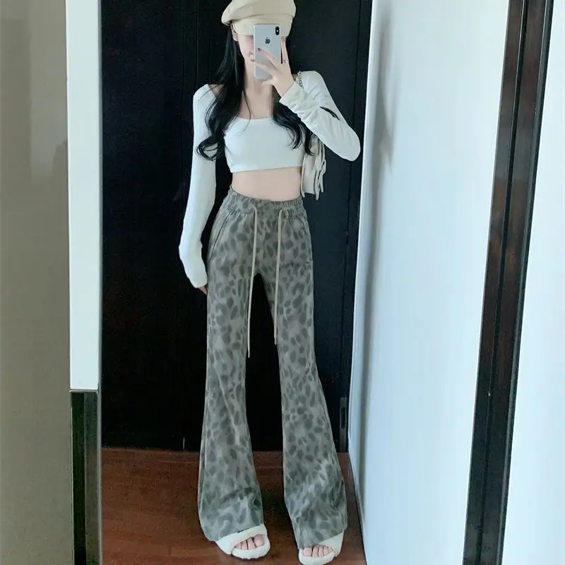 Pantalones informales con corte de bota y estampado de leopardo para mujer, pantalones ajustados de cintura alta hasta el suelo, pantalones con pezuña de caballo, pantalones deportivos