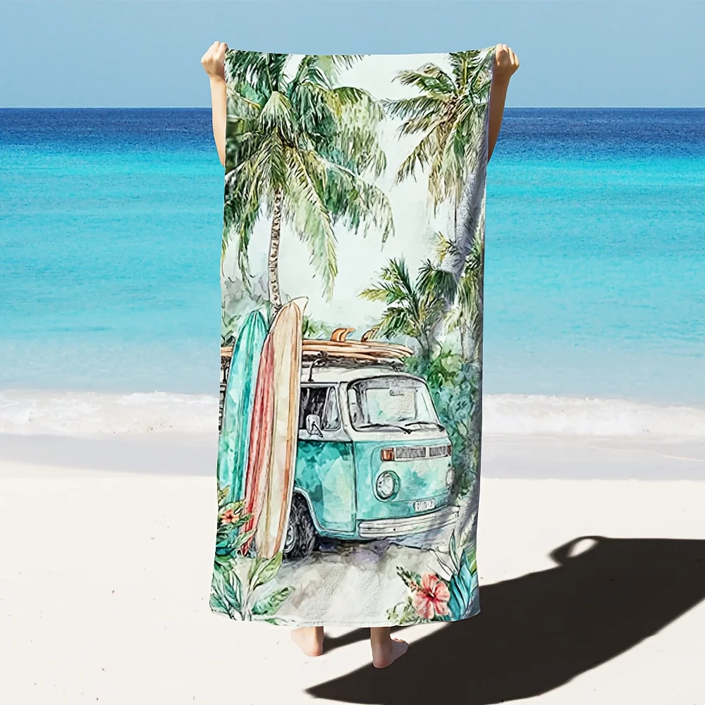 

Пляжное полотенце в винтажном стиле с принтом «Серф-фургон», 1 шт., быстросохнущее, из полиэстера, с акварельным рисунком пальм и серфбордов, мягкое, для пляжа и серфинга
