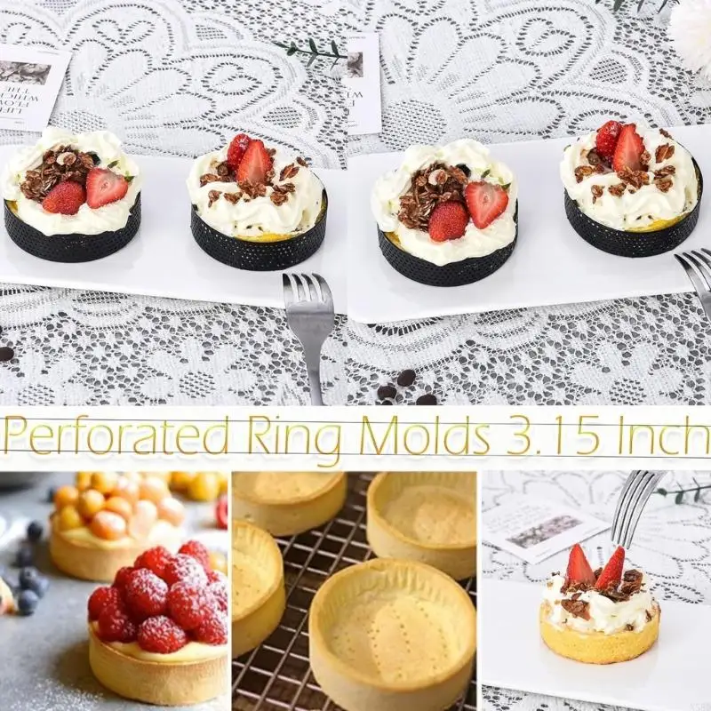 12Pieces Perforated Tart Rings Baking Molds Stainless Steel Texture Suitable for Pastry Mousse Cakes and Desserts N58D