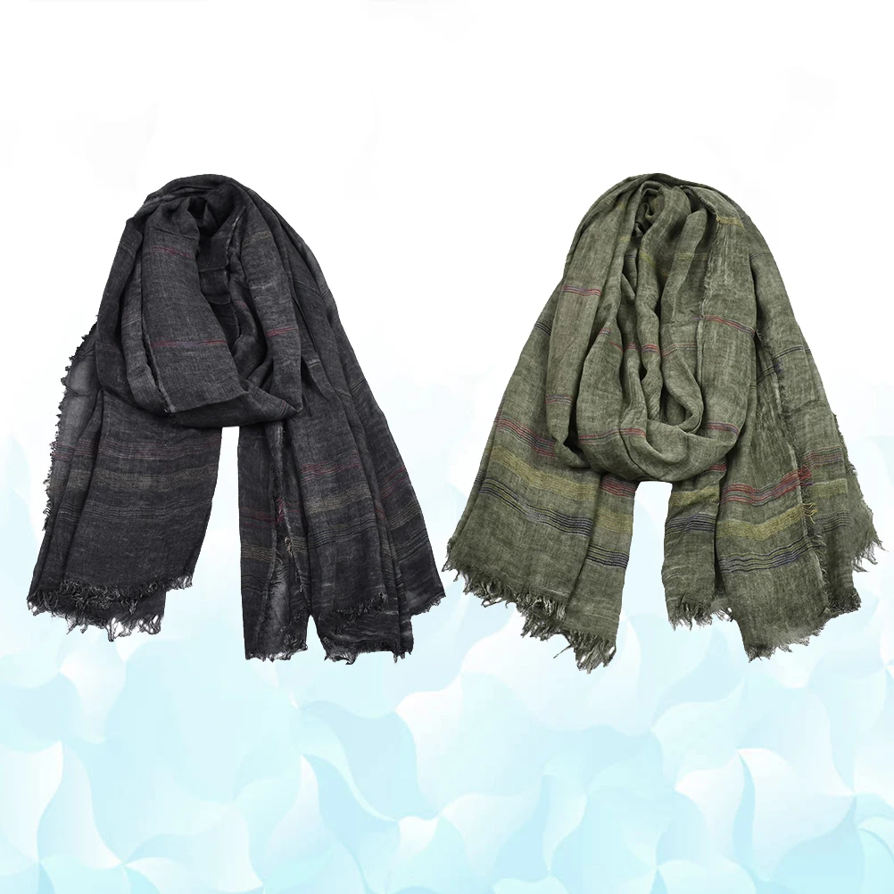 

2pcs Cotton Linen Scarf Unisex Stripe Shawl Sun Block Travel Beach Gift For Women Men Army Green Black Above 175Cm
