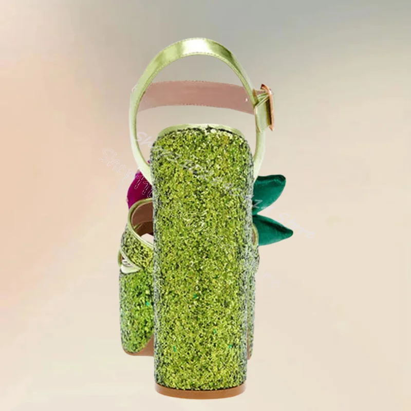 Appliques Decor Green Sequins Platform Sandals Buckle Strap Women Shoes Chunky High Heels Fashion Party 2024 Zapatos Para Mujere