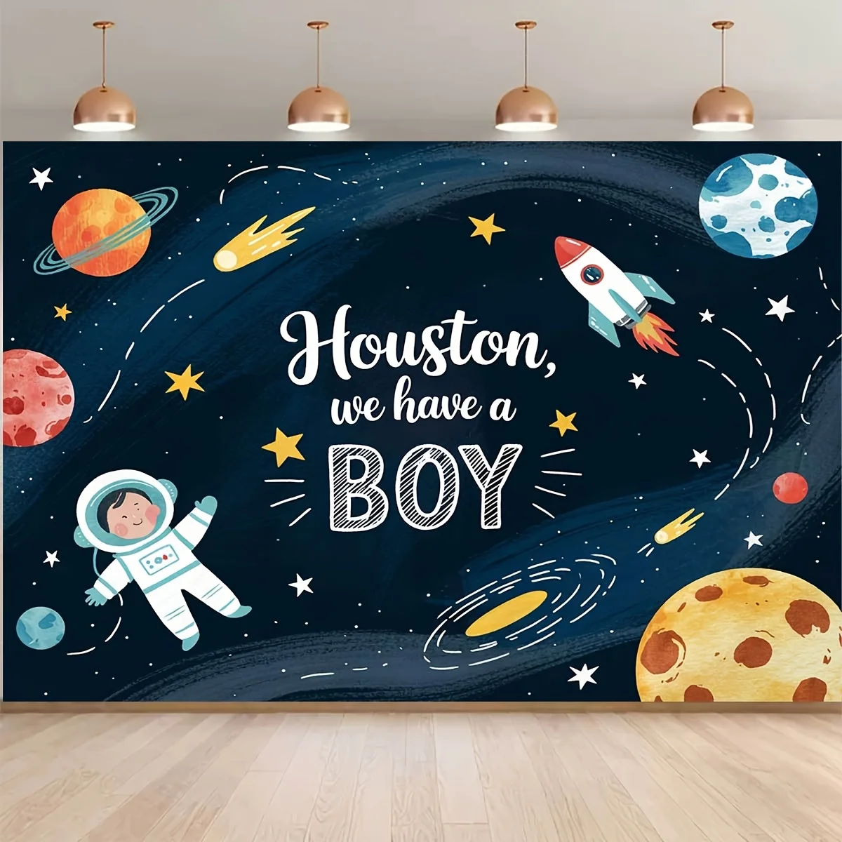 2D-Plane mit einteiliger Installation aus dem Hintergrundstoff „Houston, we have a boy“, ideal für festliche Anlässe.