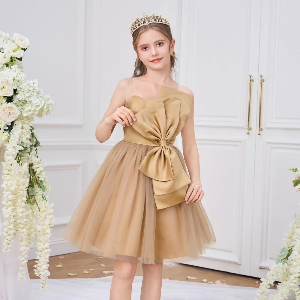 

Fashion Big Bow Bridesmaids Girls Dress Elegant Party Wedding Princess Prom Gown Gala Birthday Tulle Dress Evening Kids Clothes