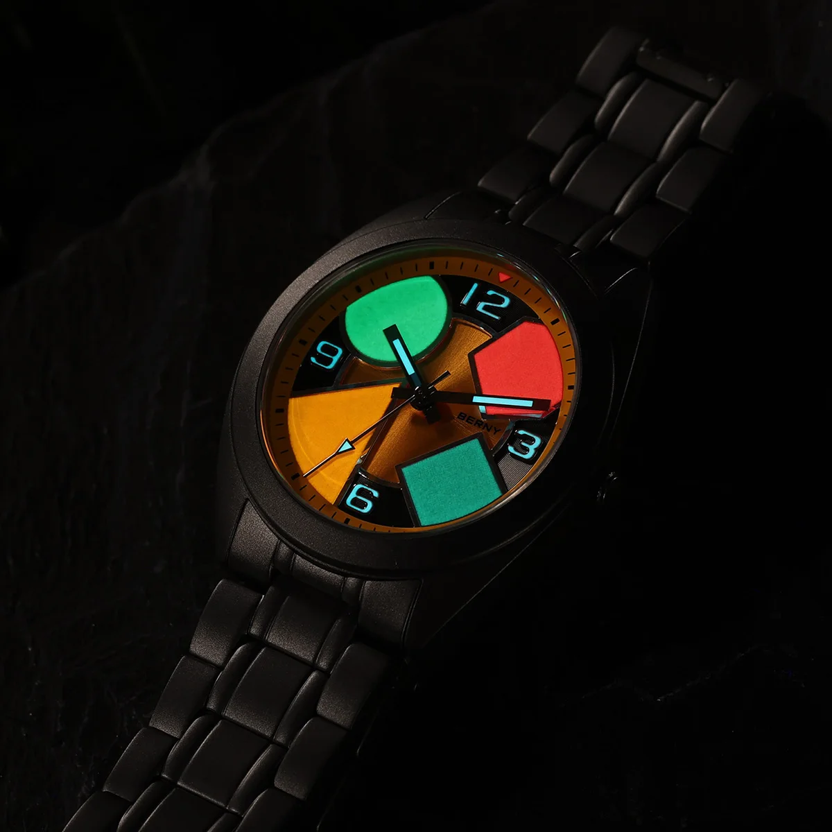 BERNY Titanium Horloge voor Heren AR Coating Saffier Contrasterende Geometrische Wijzerplaat Meerkleurig Lichtgevend Canvas Titanium Horloge voor Heren