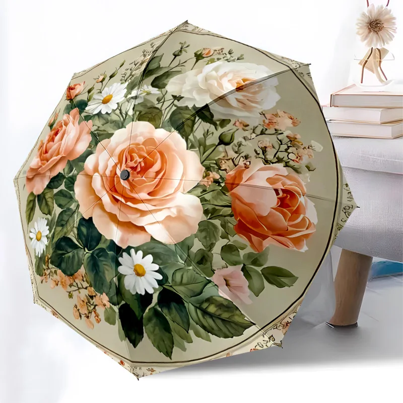 

Зонт с красивыми розами, модный, с автоматическим открытием, 8, железные ребрышки, пластиковая ручка, складной солнцезащитный козырек, идеальные праздничные подарки