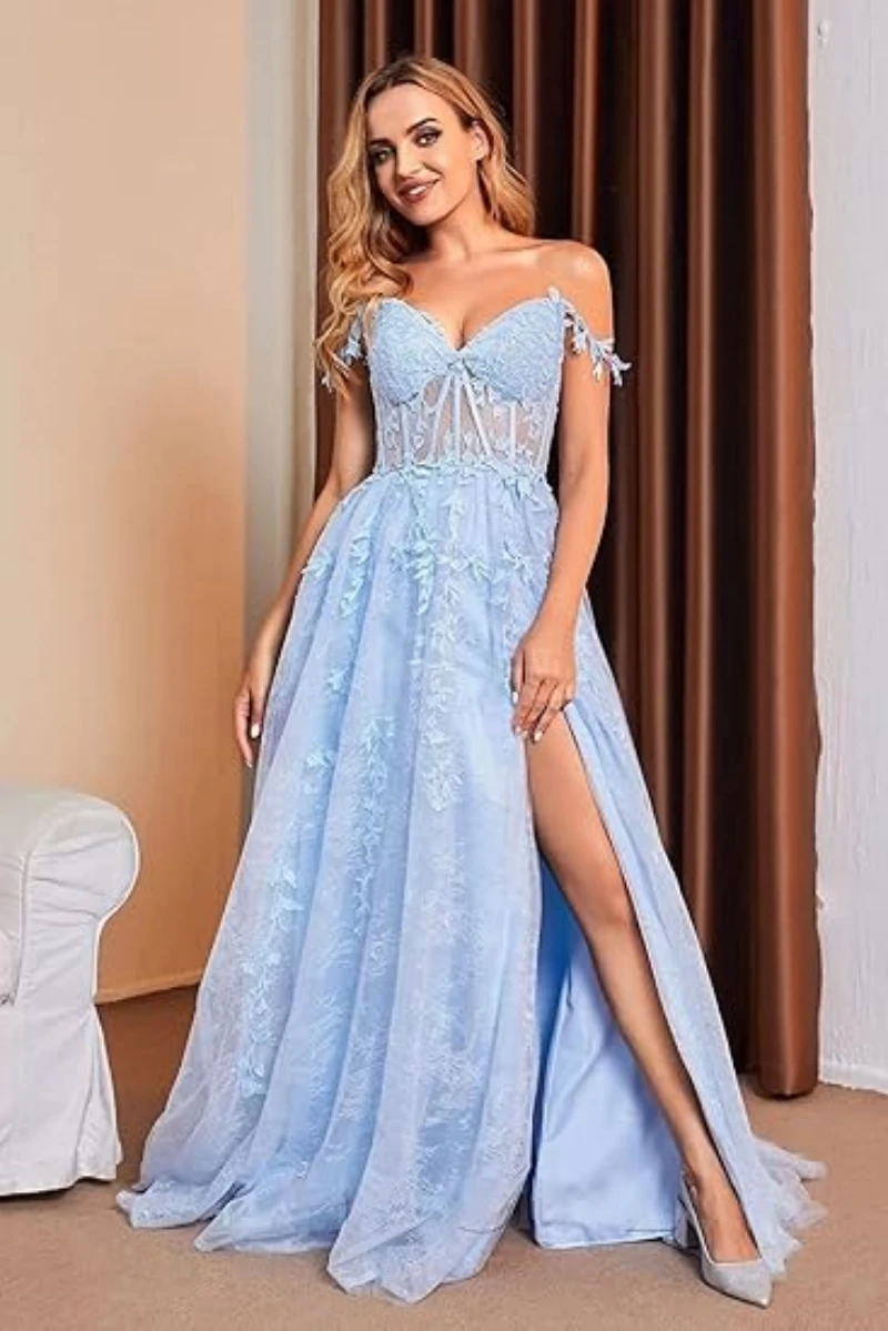 レースアップリケコルセットプロムドレスチュールロングボールガウン女性のためのフォーマルスパゲッティストラップスプリットウェディングドレス