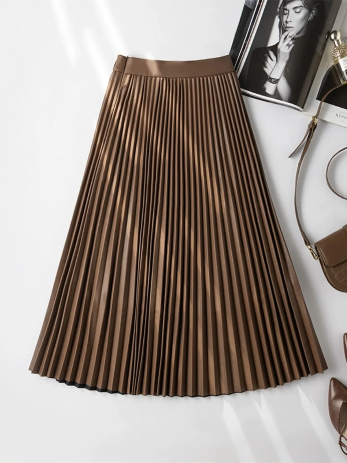 

Faionable High-End eepskin Leather Skirt Draped A-Line Skirt Pure Color High Waist Autumn New Arrival Women's Skirt