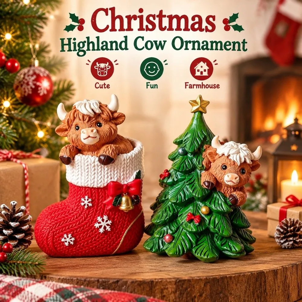 Cute Christmas Highland Cow Ornament Fun Christmas Tree Resin Cow Ornament Farmhouse Christmas Socks Christmas Desk Decor