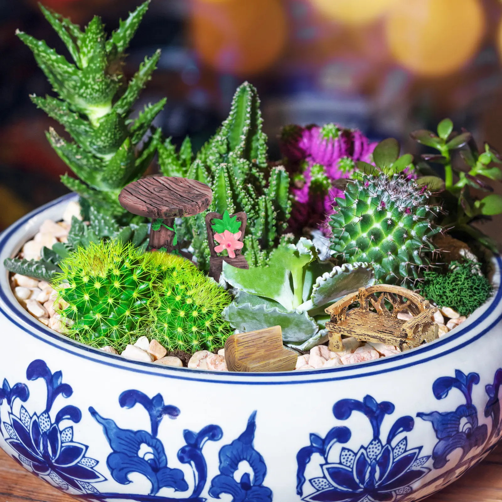 10Pcs Resin Miniature Garden Furniture Rustic Texture Tables Chairs Benches for Tiny Landscape Decoration Terrarium Supplies