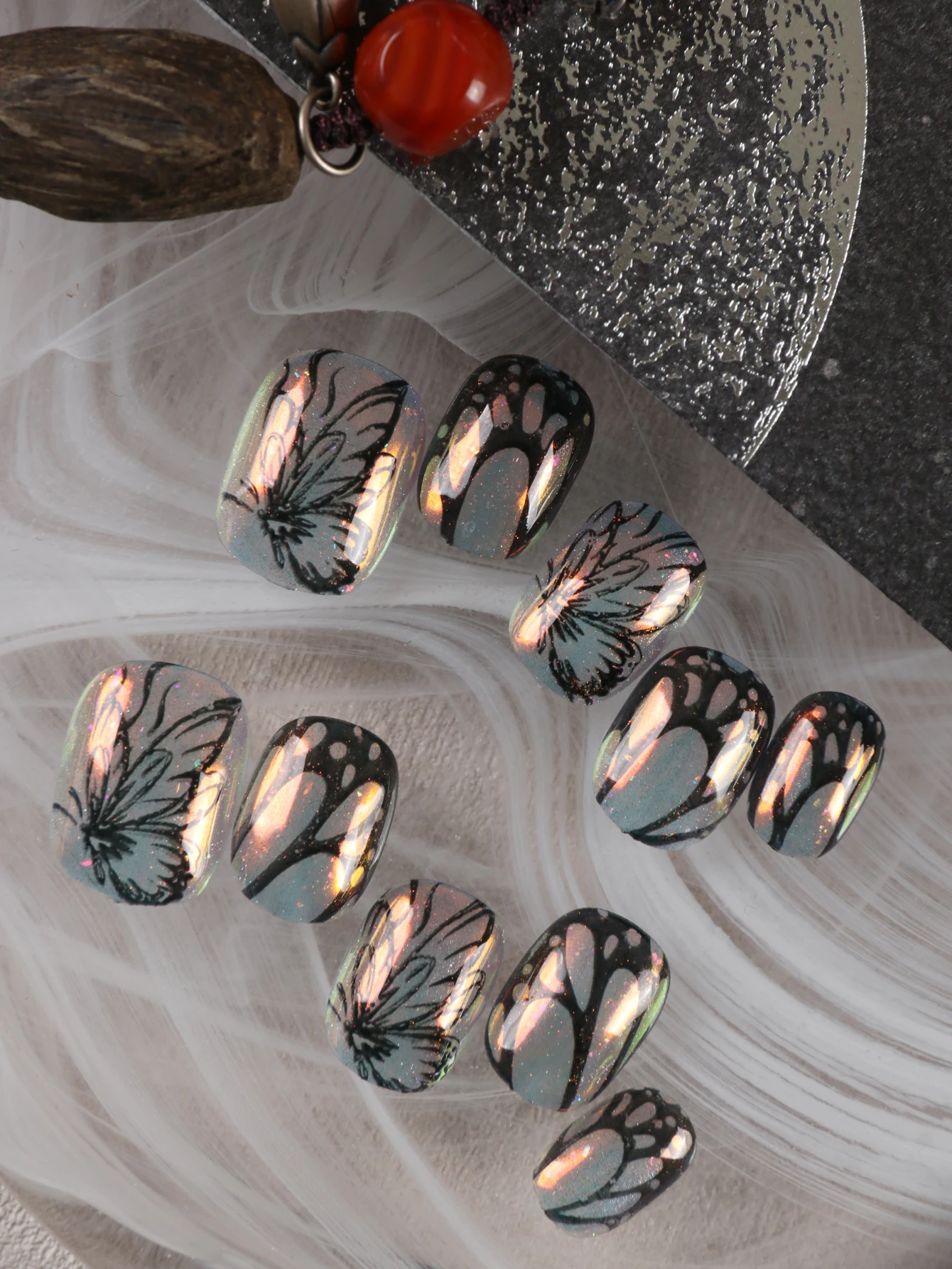10Pcs Press on Nails Short Silvery Mirror Surface Black Butterfly Nails Fake Nails Includes 1 Sheet of Adhesive Tabs & 1 Pc Mini File