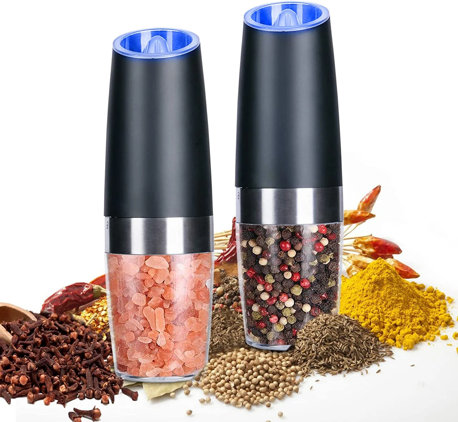 2 Pcs Stainless Steel Gravity Electric Pepper and Salt Grinder Set Adjustable Coarseness Battery Powered With LED Light