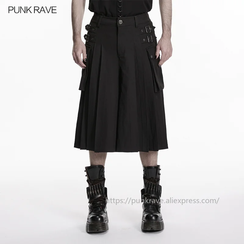 

PUNK RAVE Men's Punk Twill Non-elastic Skirt-pants Pleats Layering Metal Buckle Loops Pockets Personality Shorts Streetwear