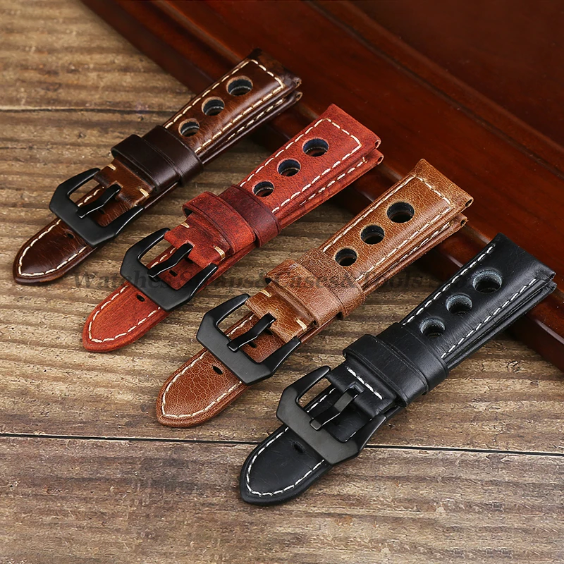 Vintage Cowhide Watchband Genuine Leather Strap for Omega for Panerai for Women Men Universal Breathable Bracelet 20mm 22mm 24mm