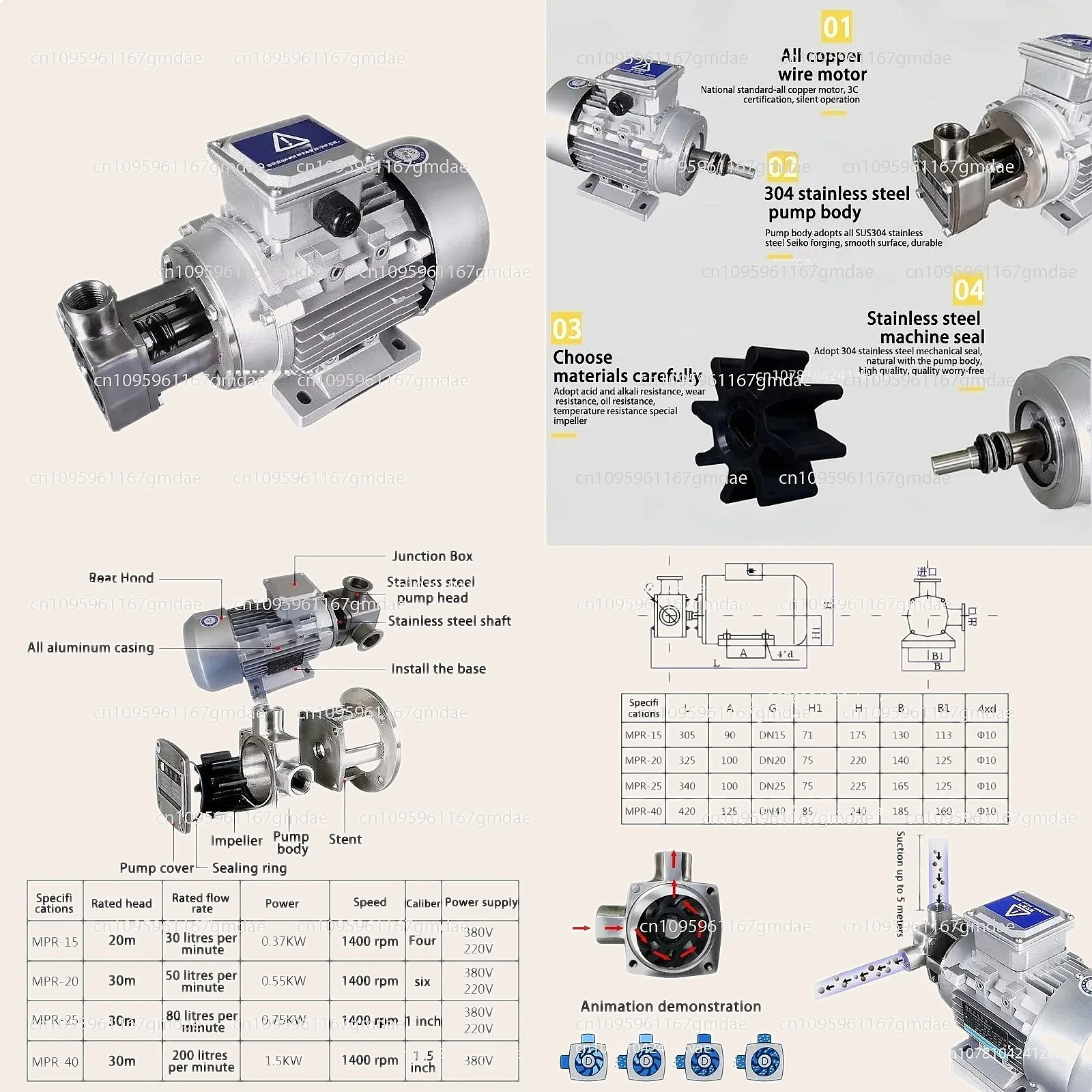 MPR-15-380V Food Grade Stainless Steel Flexible Impeller Rotor Vane Conveyor Pump