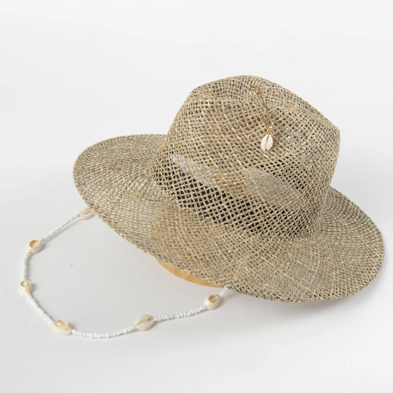 Women Straw Fedora Sea Grass Sun Hat Long Gold Chain Summer Panama Hat Wide Brim Beach Hat UPF50+ Derby Church Garden Party Hat